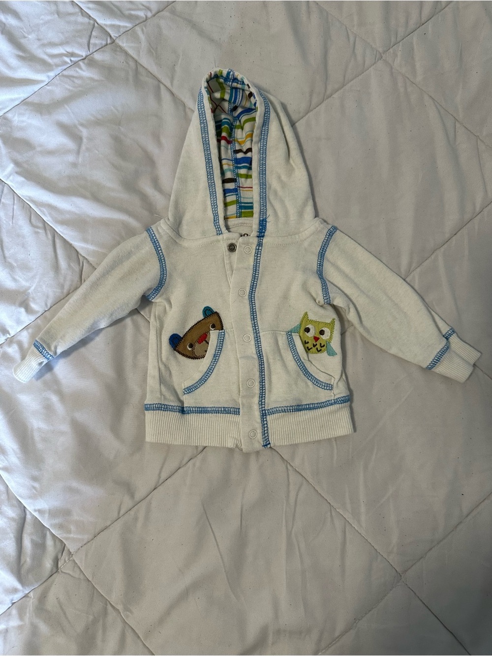BabiesRUs Cream Hoodie Jacket with Blue Trim and Animal Pockets